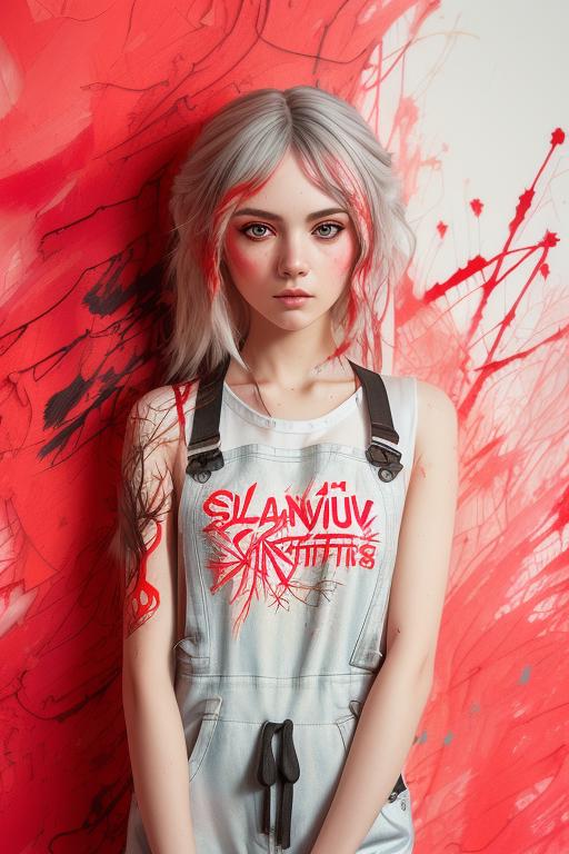 00098-3376739357-((Slavic girl)), (overall shot),medium length gray hair, white clothing with red, close up, sneakers, (( (by Carne Griffiths))),.png